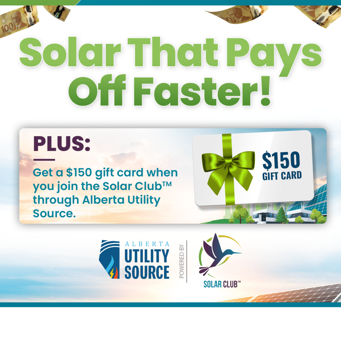Solar Club $150 gift card promotion - Join Solar Club through Alberta Utility Source and receive a $150 Giftogram digital gift card