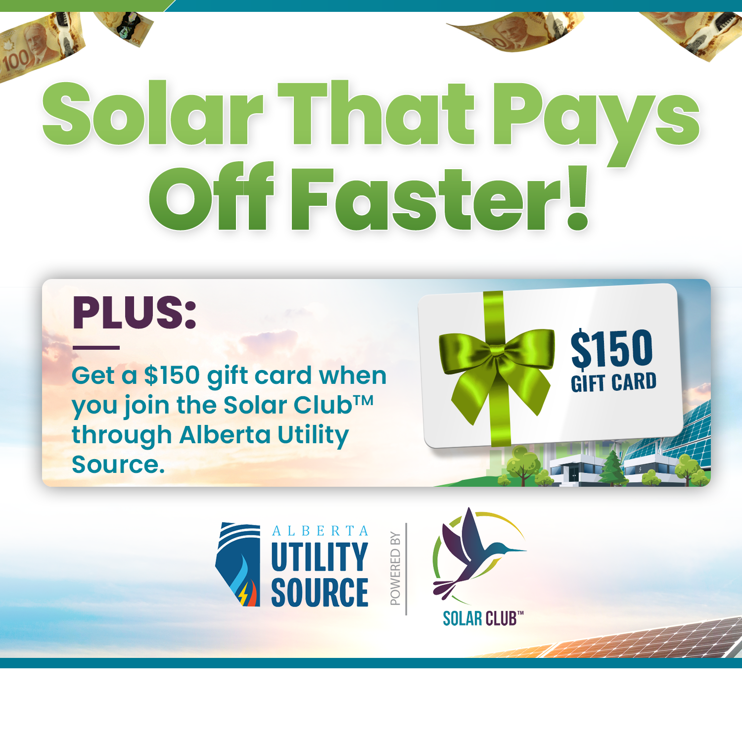 Solar Club $150 gift card promotion - Join Solar Club through Alberta Utility Source and receive a $150 Giftogram digital gift card
